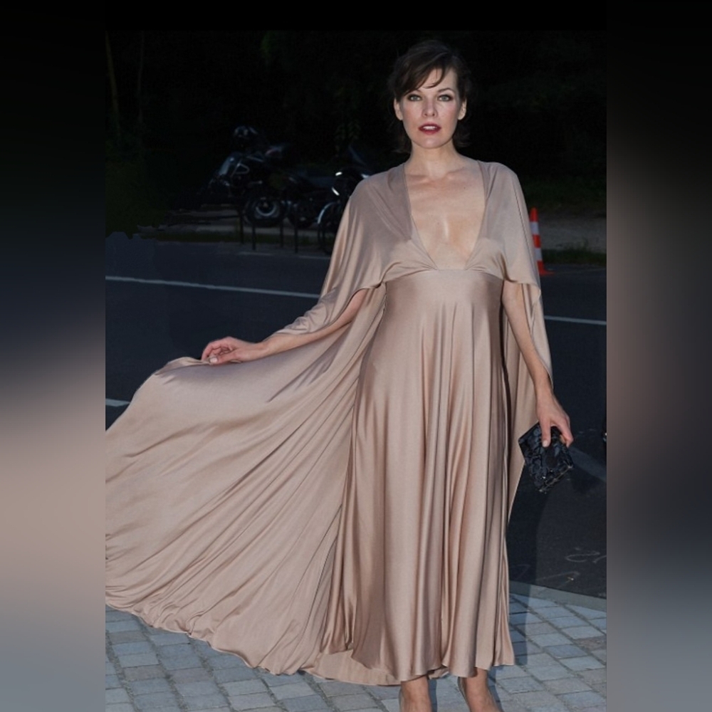 9,5K Runway Valentino Cape-effect Silk Jersey Maxi Dress In Skin